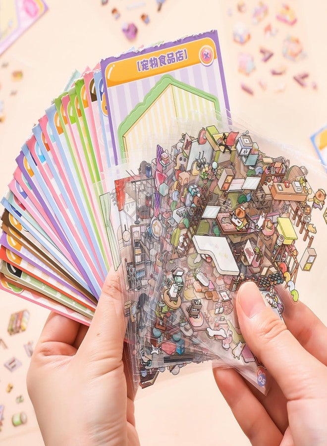 GUBEARE 32 Sets Pocket DIY 3D Sticker Scene Collection Book DIY 3D House Stickers Therapy Cute Cartoon Mini Stickers Scenes for Relief Stress Pass The Time - Image 4